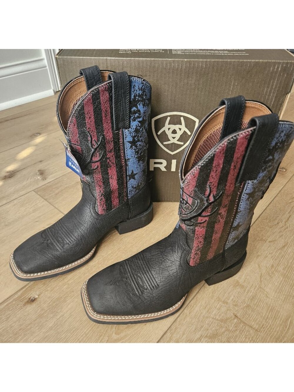 ARIAT Sport Liberty Antler Square Toe Cowboy Boots Size 7.5 D Midnight Flag New